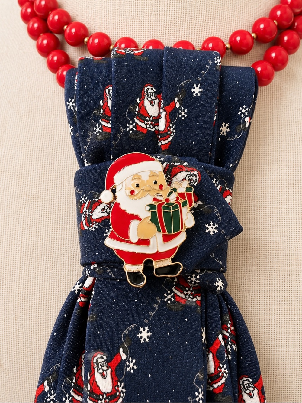 Festive Santa Necktie Necklace with Red Beads - Picture 2 of 2